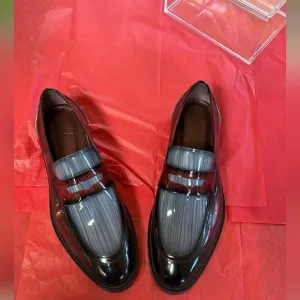 Elegant Black and Gray Slip-On Loafers with Glossy Finish