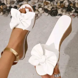 Elegant Wedge Slide Sandals For Women, Bow Decor Wedge Sandals