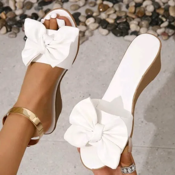 Elegant Wedge Slide Sandals For Women, Bow Decor Wedge Sandals