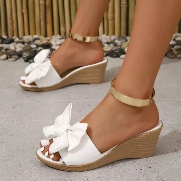 Elegant Wedge Slide Sandals For Women, Bow Decor Wedge Sandals