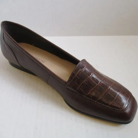 *Enzo Angiolini Chestnut Brown Croc Loafers Squared Toe Flats