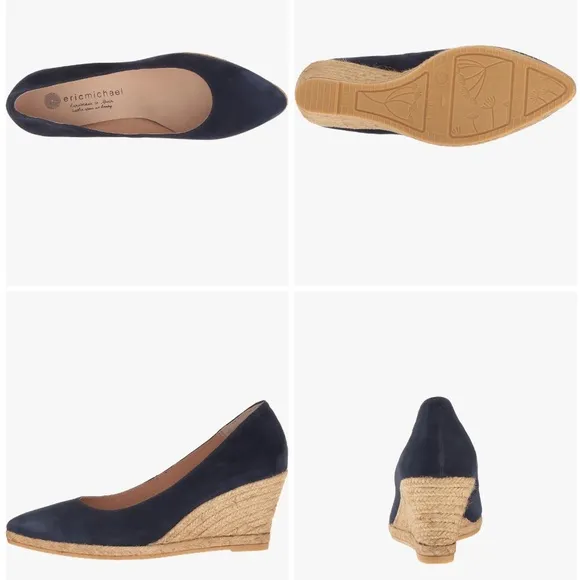 ERIC MICHAEL TEVA WOMEN'S Navy Blue Suede Wedge Pumps Pointed Toe Dress Shoes 39