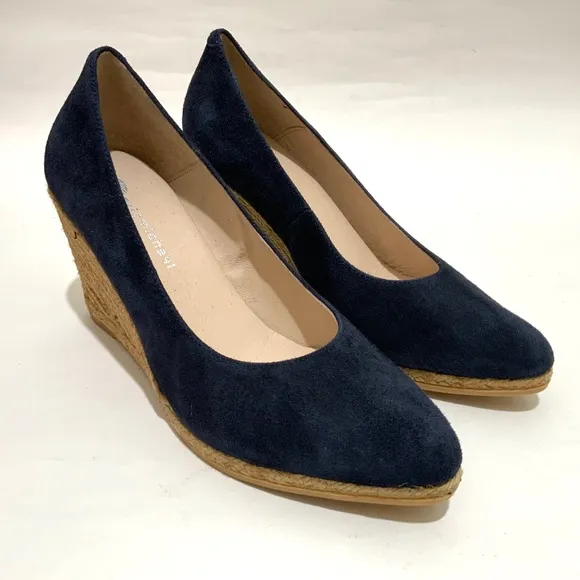 ERIC MICHAEL TEVA WOMEN'S Navy Blue Suede Wedge Pumps Pointed Toe Dress Shoes 39