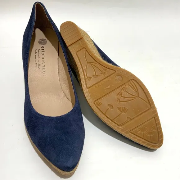 ERIC MICHAEL TEVA WOMEN'S Navy Blue Suede Wedge Pumps Pointed Toe Dress Shoes 39