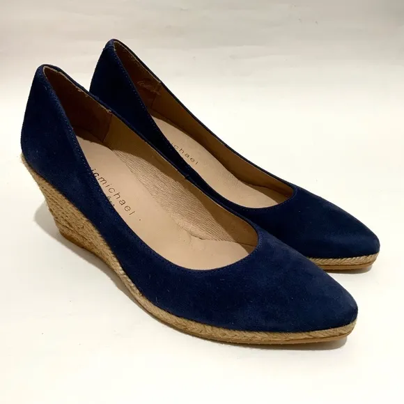 ERIC MICHAEL TEVA WOMEN'S Navy Blue Suede Wedge Pumps Pointed Toe Dress Shoes 39