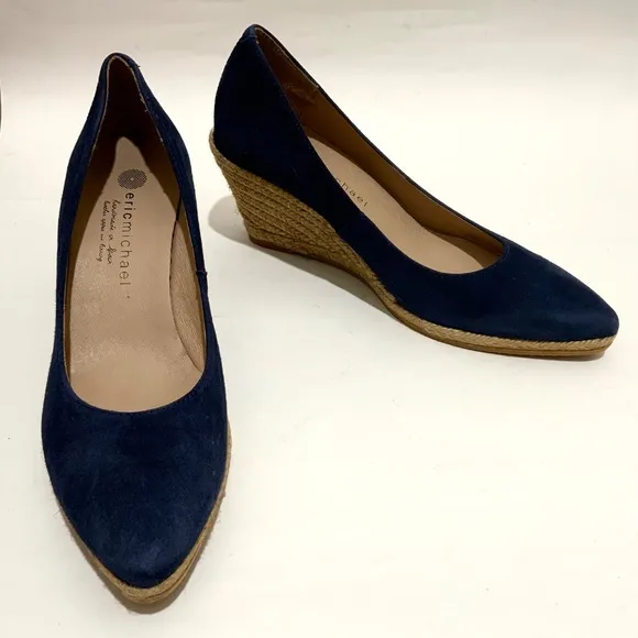 ERIC MICHAEL TEVA WOMEN'S Navy Blue Suede Wedge Pumps Pointed Toe Dress Shoes 39