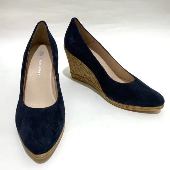 ERIC MICHAEL TEVA WOMEN'S Navy Blue Suede Wedge Pumps Pointed Toe Dress Shoes 39