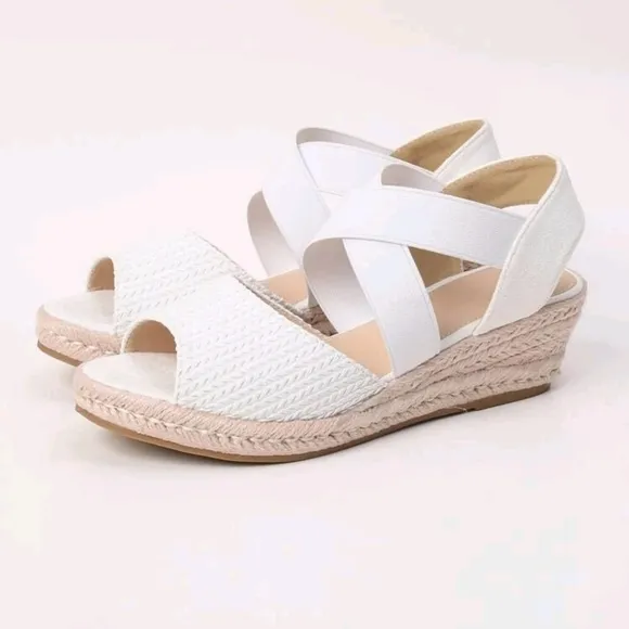 Espadrille Ankle Strap Wedge Sandals, White Vacation Style Plain Wedge Sandals
