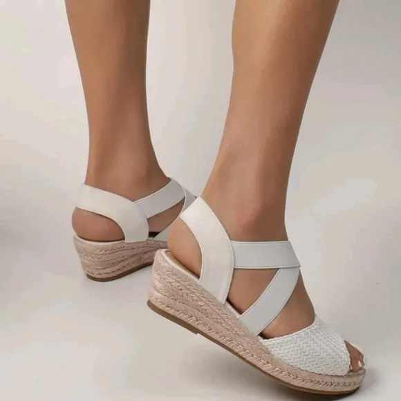 Espadrille Ankle Strap Wedge Sandals, White Vacation Style Plain Wedge Sandals