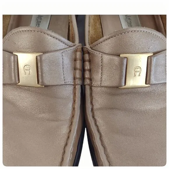 ETIENNE AIGNER Bronze Shimmer Penny Loafers Sz 9 Business Casual Preppy Classic