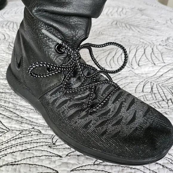 EUC Nike Roshe 2 Hi Flyknit Slouch Leather Boots W Sz 7 All Black Gray