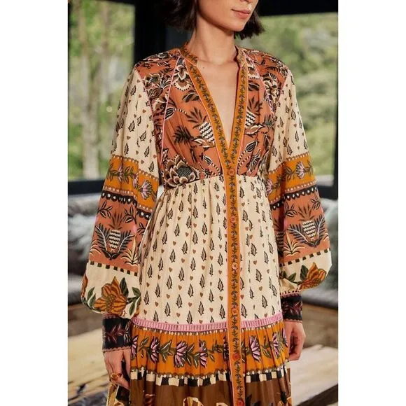 Farm Rio Beige Ainika Floral V Neck Midi Dress Medium NEW