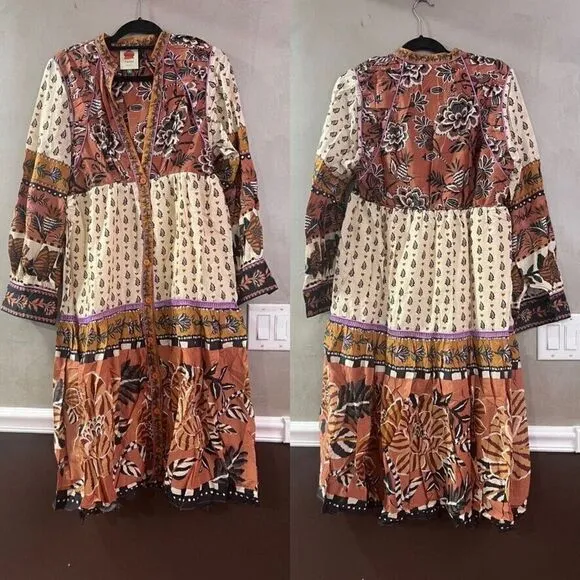 Farm Rio Beige Ainika Floral V Neck Midi Dress Medium NEW