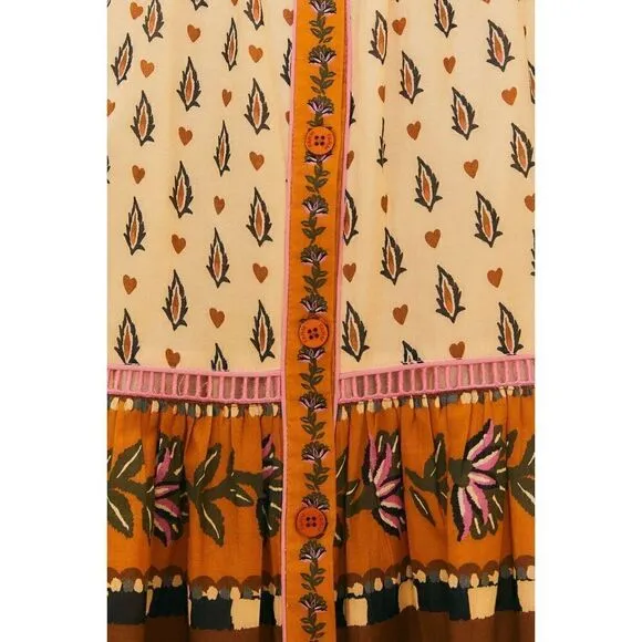 Farm Rio Beige Ainika Floral V Neck Midi Dress Medium NEW
