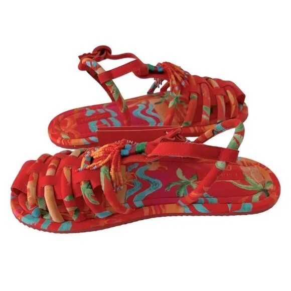 Farm Rio Red Tropical Tube T- Strap Fisherman Flat Sandals Size 10