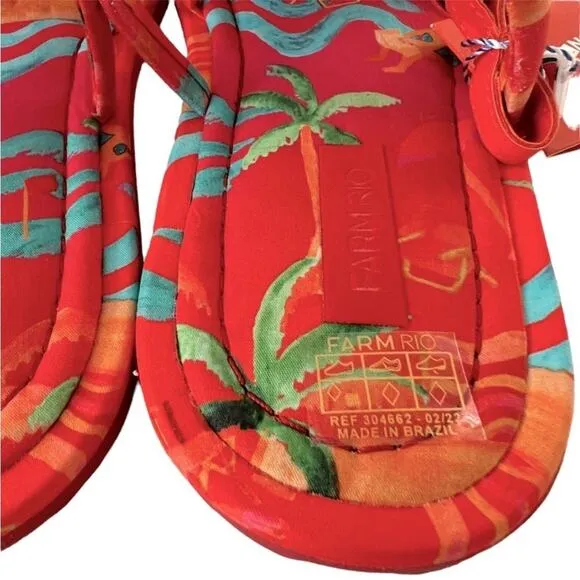 Farm Rio Red Tropical Tube T- Strap Fisherman Flat Sandals Size 10