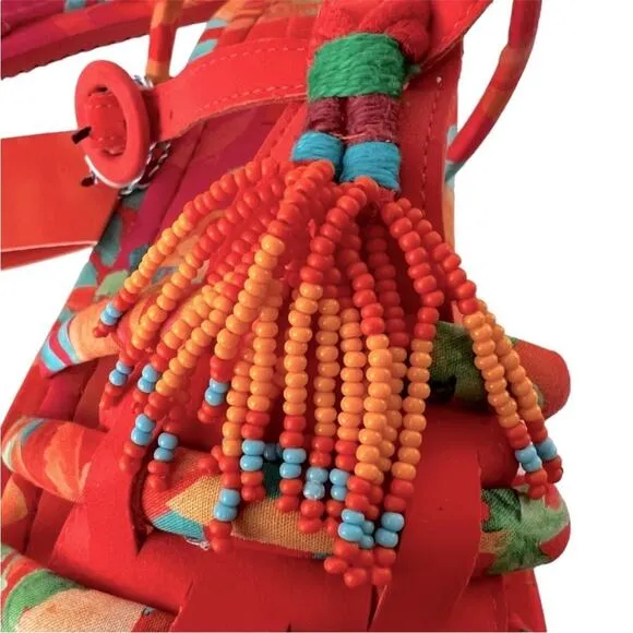 Farm Rio Red Tropical Tube T- Strap Fisherman Flat Sandals Size 10
