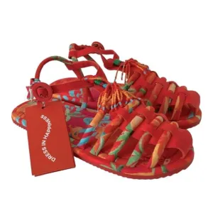 Farm Rio Red Tropical Tube T- Strap Fisherman Flat Sandals Size 10