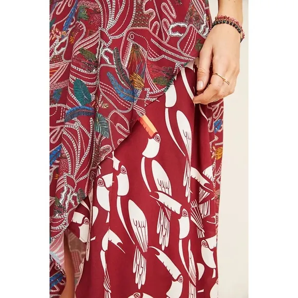 FARM RIO Tropical Bird Floral Multi Print Crepe Faux Wrap Tulip Hem Midi Skirt L