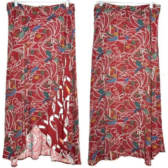 FARM RIO Tropical Bird Floral Multi Print Crepe Faux Wrap Tulip Hem Midi Skirt L