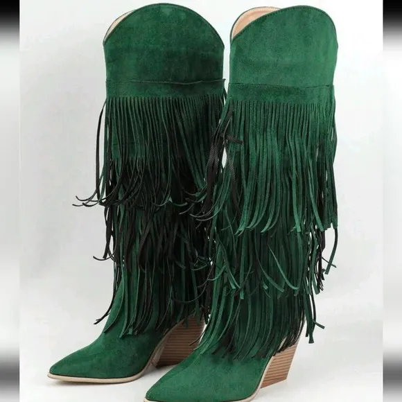 Fashion Green Knee-High Geometric Fringed Comfortable Faux Suede Thick Heel Boot