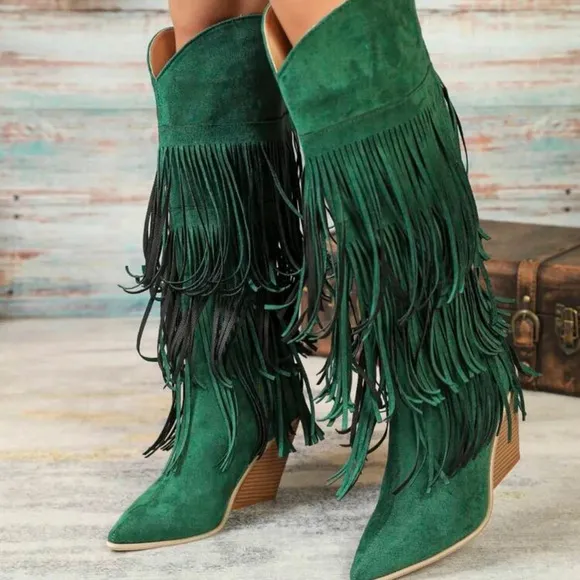 Fashion Green Knee-High Geometric Fringed Comfortable Faux Suede Thick Heel Boot