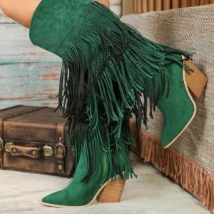 Fashion Green Knee-High Geometric Fringed Comfortable Faux Suede Thick Heel Boot
