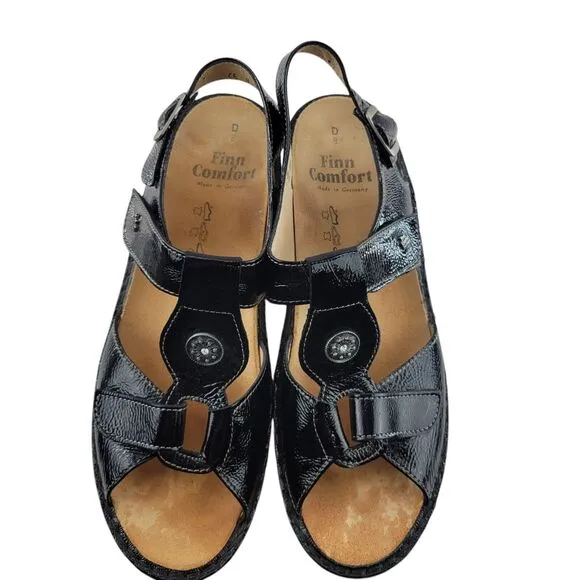 Finn Comfort Sandals Womens 8 Adana Black Patent Leather Adjustable Low Wedge