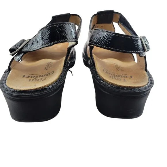Finn Comfort Sandals Womens 8 Adana Black Patent Leather Adjustable Low Wedge