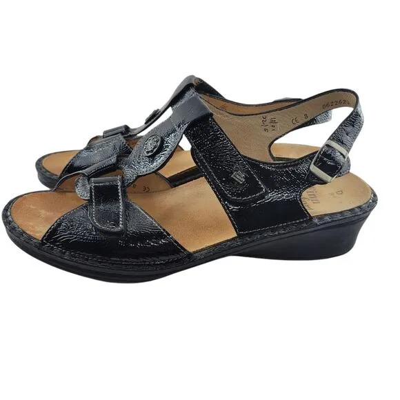 Finn Comfort Sandals Womens 8 Adana Black Patent Leather Adjustable Low Wedge
