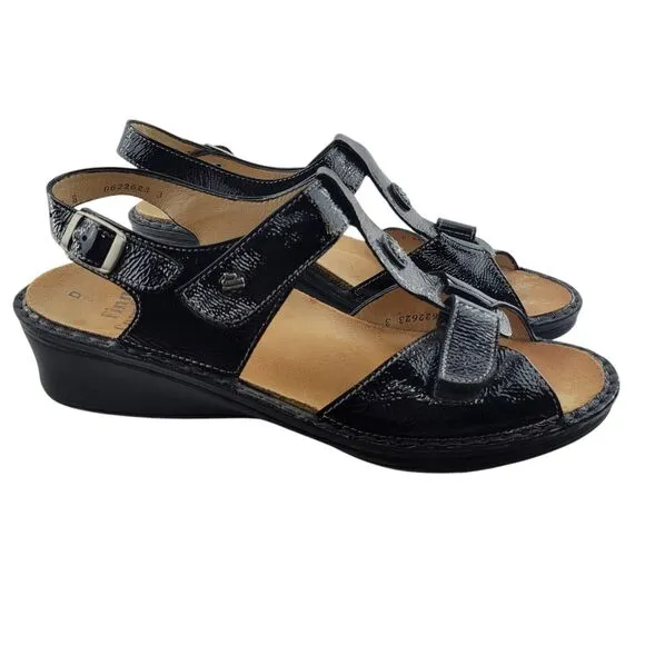 Finn Comfort Sandals Womens 8 Adana Black Patent Leather Adjustable Low Wedge