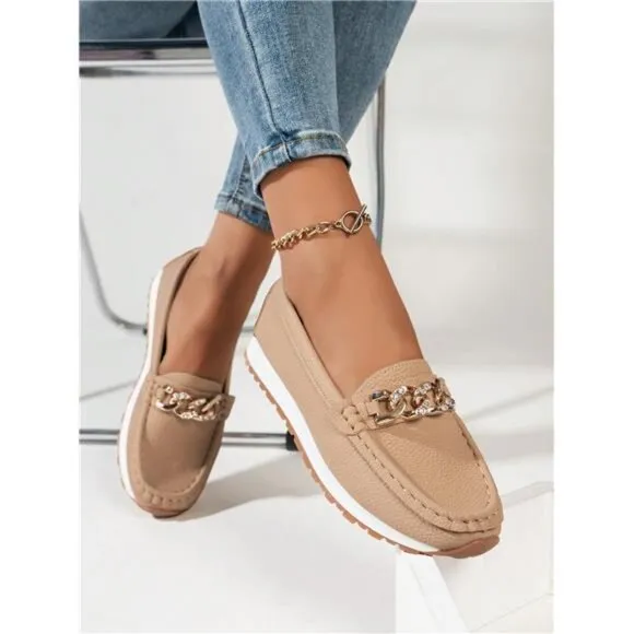 Flat Shoes Spring Summer New Style Black White Khaki Embossed Slip-On Loafers