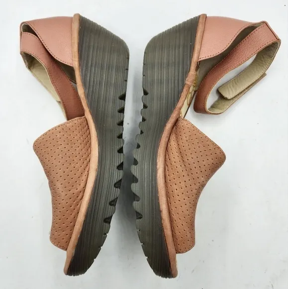 FLY London Perforated Leather Wedge Sandals In Pink and Grey Style Yake Size 10