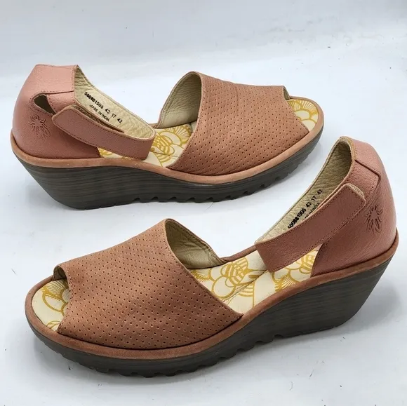 FLY London Perforated Leather Wedge Sandals In Pink and Grey Style Yake Size 10