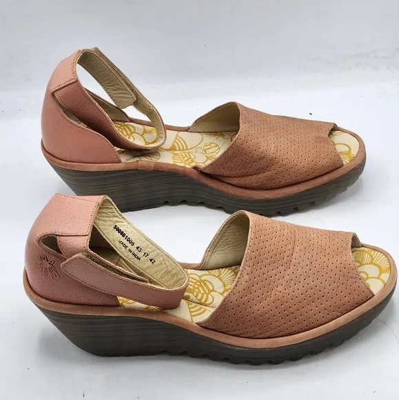 FLY London Perforated Leather Wedge Sandals In Pink and Grey Style Yake Size 10