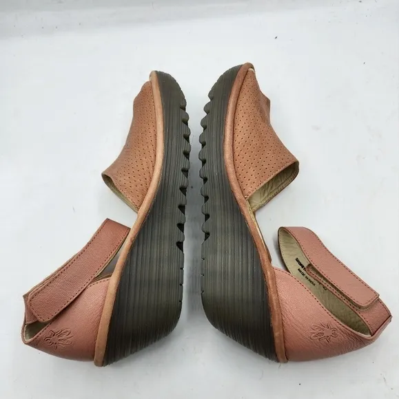 FLY London Perforated Leather Wedge Sandals In Pink and Grey Style Yake Size 10