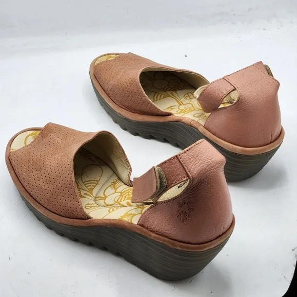 FLY London Perforated Leather Wedge Sandals In Pink and Grey Style Yake Size 10