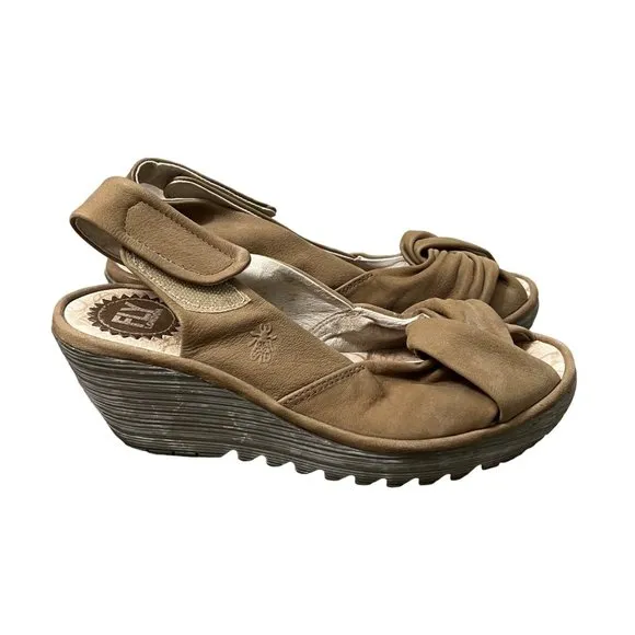 Fly London Taupe Womens Nubuck Suede Wedge Sandals Size 8