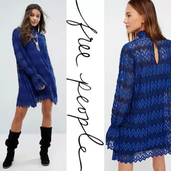 FP Free People Women’s Simone Lace Mini Dress in Blue / Black (XS)