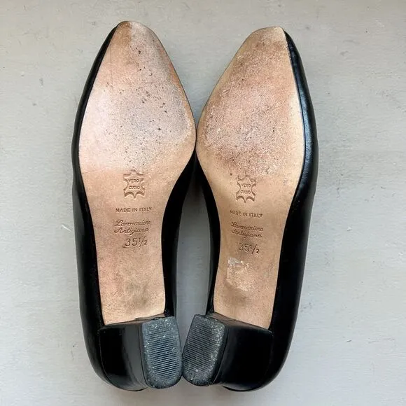 Francesca Black Leather Italian Loafers Quilted Top Gold Clasp EU 35.5 US 5 -5.5