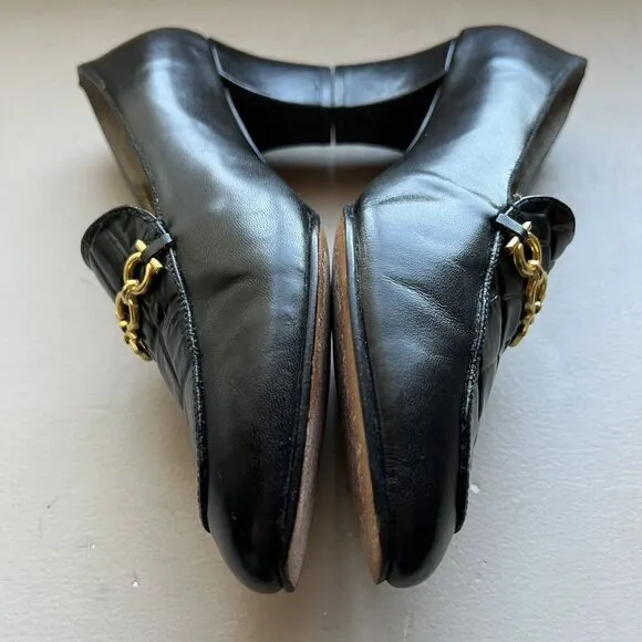 Francesca Black Leather Italian Loafers Quilted Top Gold Clasp EU 35.5 US 5 -5.5