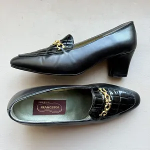 Francesca Black Leather Italian Loafers Quilted Top Gold Clasp EU 35.5 US 5 -5.5