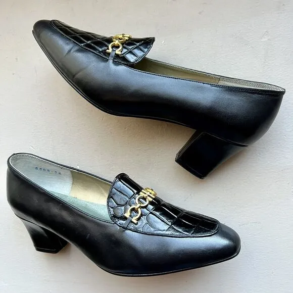 Francesca Black Leather Italian Loafers Quilted Top Gold Clasp EU 35.5 US 5 -5.5