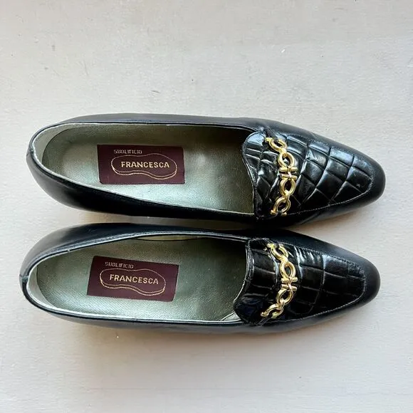 Francesca Black Leather Italian Loafers Quilted Top Gold Clasp EU 35.5 US 5 -5.5