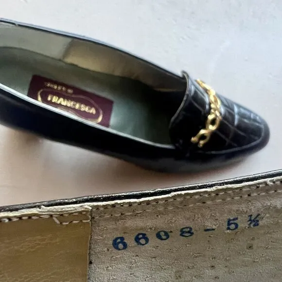 Francesca Black Leather Italian Loafers Quilted Top Gold Clasp EU 35.5 US 5 -5.5