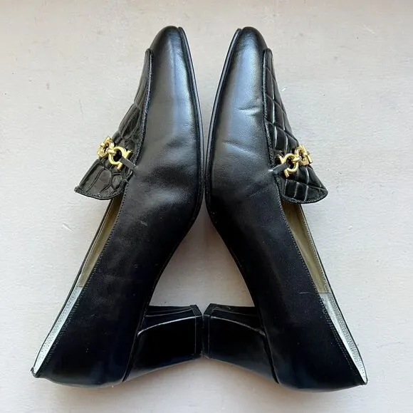 Francesca Black Leather Italian Loafers Quilted Top Gold Clasp EU 35.5 US 5 -5.5