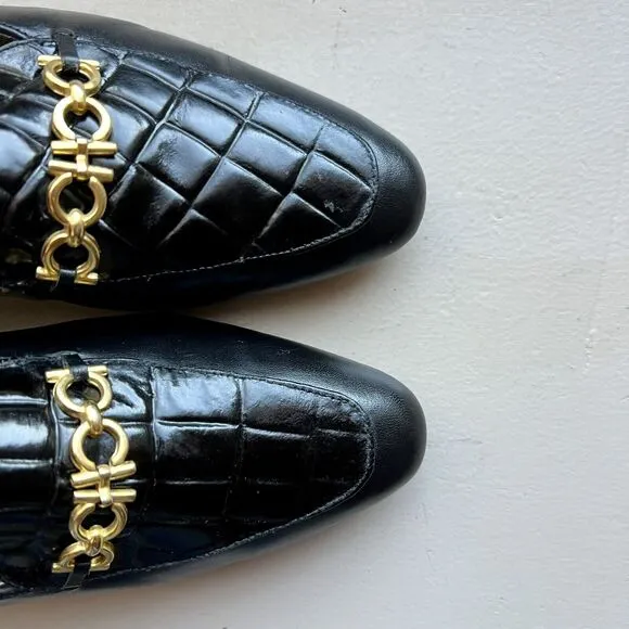 Francesca Black Leather Italian Loafers Quilted Top Gold Clasp EU 35.5 US 5 -5.5