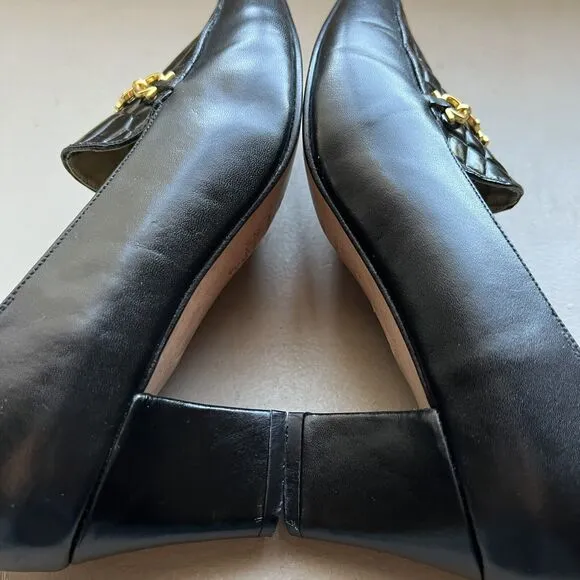 Francesca Black Leather Italian Loafers Quilted Top Gold Clasp EU 35.5 US 5 -5.5