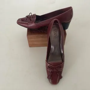 Franco Sarto “Joy” brown leather block heel square toe tassel topstitch heel 8M