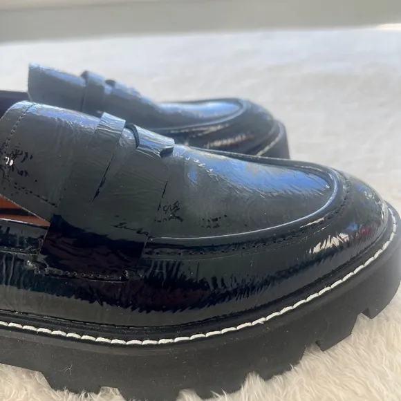 Franco Sarto Sz 8.5 Wide Black Patent Penny Loafer Chunky Lutz Sole Heels NWOT